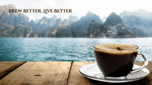 Image of a cup of black coffee on a dock near a lake